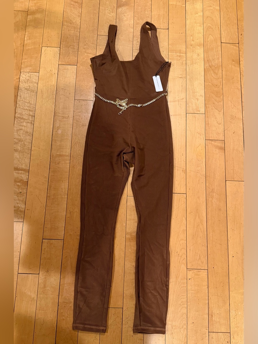 WeWoreWhat Chocolate Brown Ribbed Sleeveless Jumpsuit with Gold Chain Accent